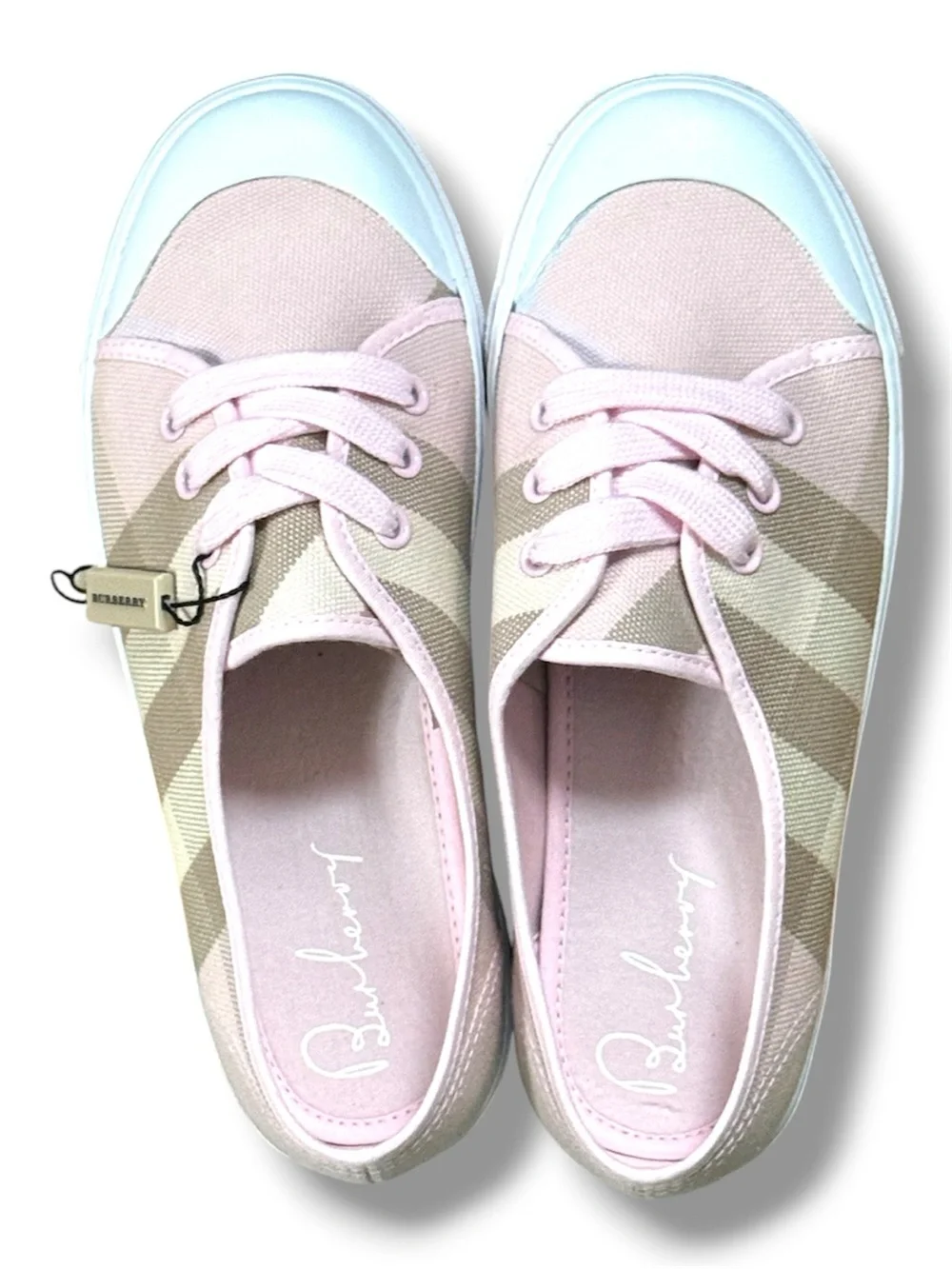 Burberry Pink & Beige Check Canvas Kids Lace-Up Sneakers. Size 2.5. Brand New.
